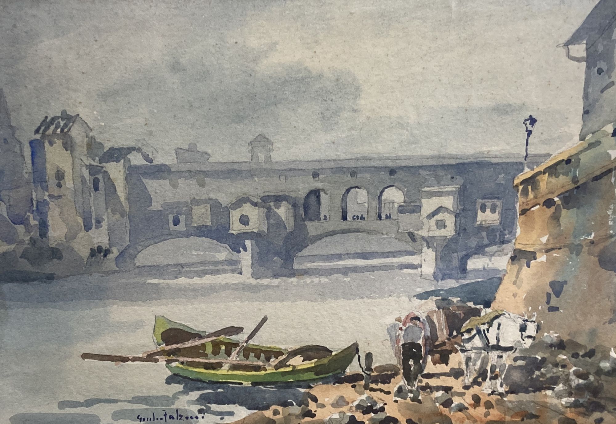 Giulio Falzoni (1900-1978), watercolour, View of the bridge at Florence, signed, 23 x 33cm